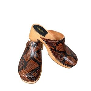 HASBEENS Stockholm Snake Leather Clogs Wooden Block Heel Mules Women's Size 40